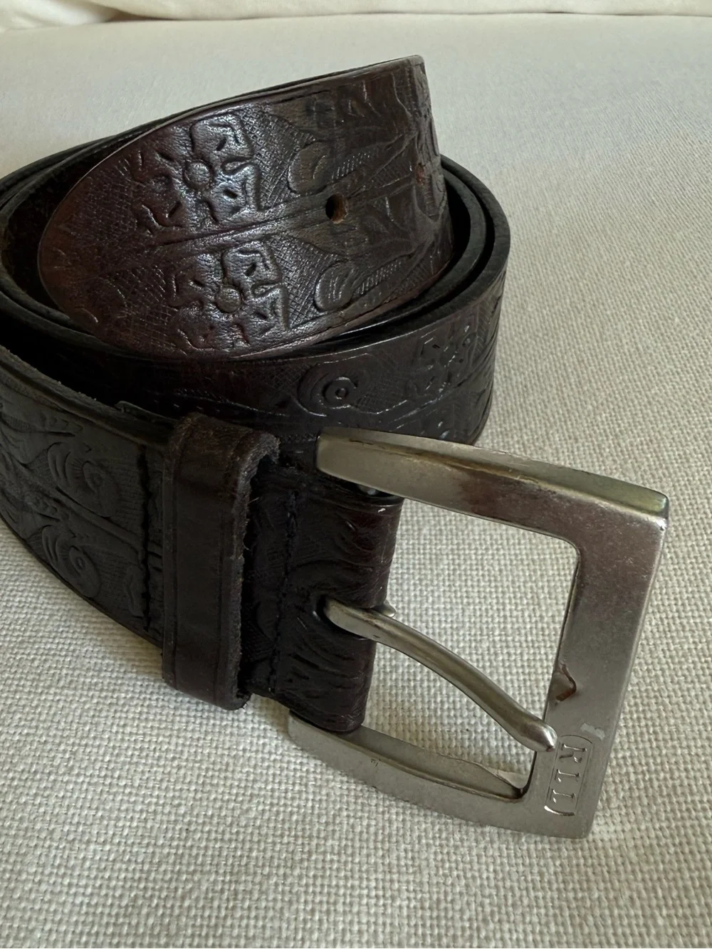 LAUREN RALPH LAUREN Floral Embossed Genuine Leather Black Belt Size XL